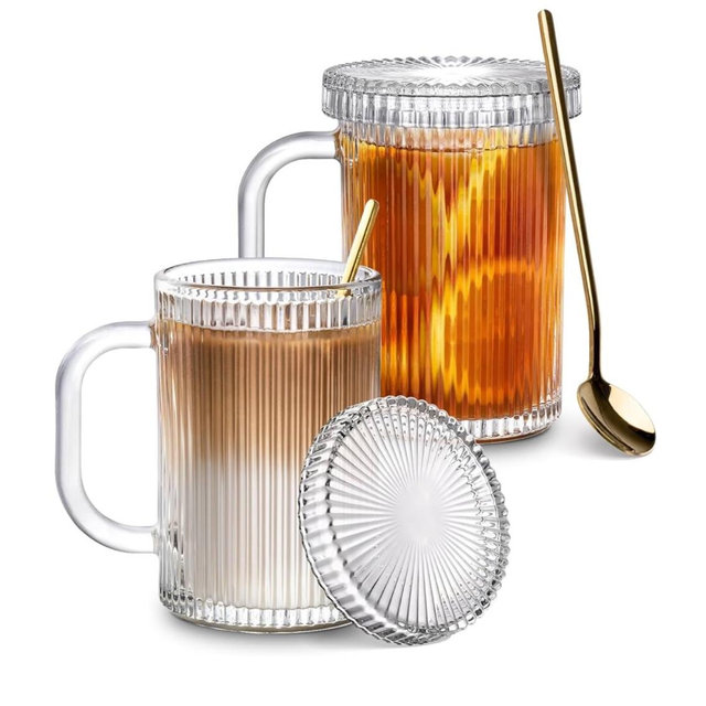 G Ribbed Glass Coffee Mug With Lid 11.3 oz, For Latte Chocolate Americano Milk Oats Yoghurt, Clear