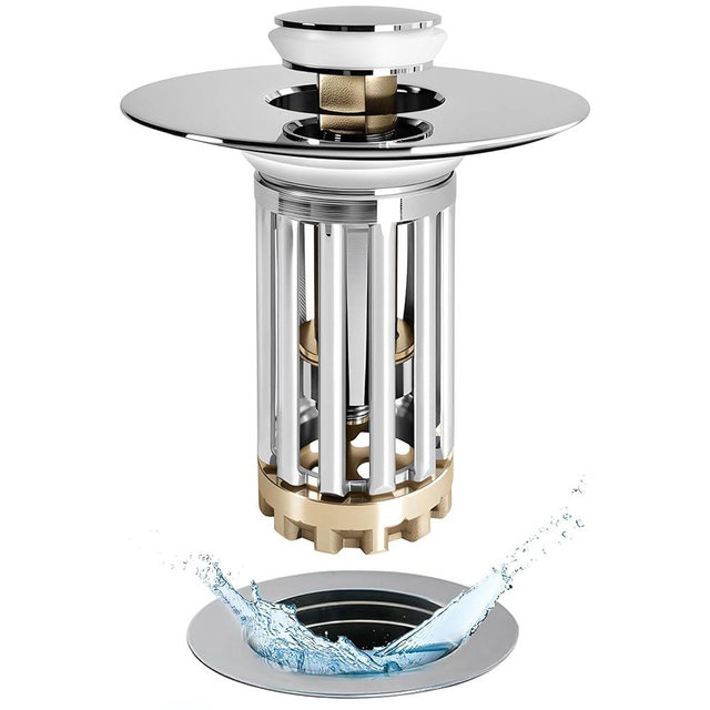 Anlige Bathroom Sink Drain Strainer, 3 in 1 Pop Up Bathroom Sink Stopper with Removable Brass Basket Hair Catcher, Universal Sink Plug for 1.06 to 1.6in Drain Hole, Chrome Silver