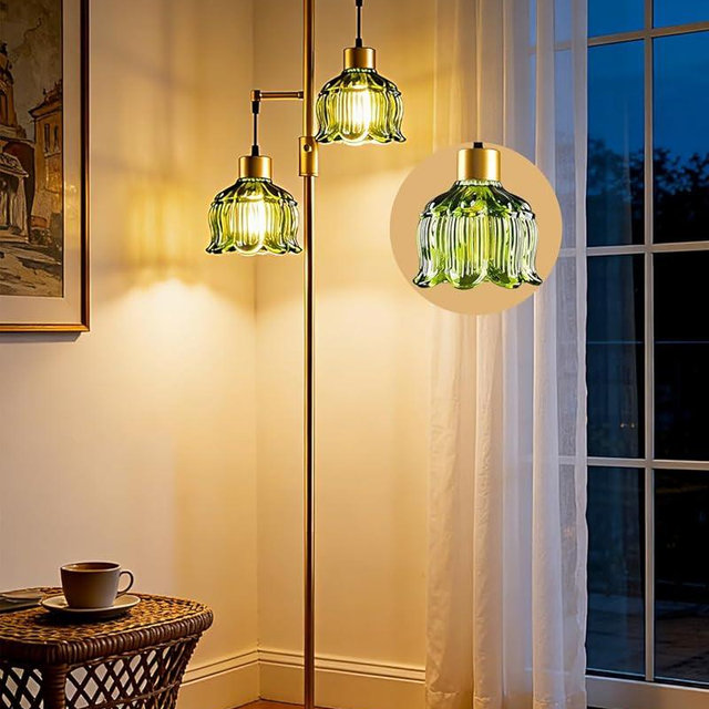 Lightdot 2- Light Gold Flower Floor Lamp, 65IN Green Glass Floor Lamps with 3000K Warm White Bulbs, Modern Standing Tall Lamp for Living Room Bedroom Home Office Corner Sofa Beside