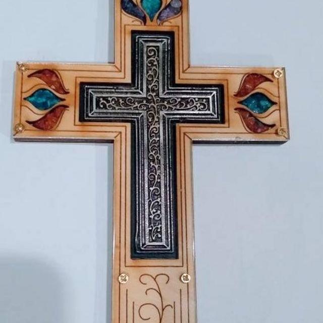 Handmade in Israel Wall Hanging Wooden Cross. Two tone cross, religious gift, Christmas gift, Christian. Gemstones,semi precious stones.