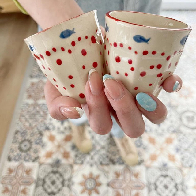 Fish patterned polka dot mini mug set| handmade espresso mug set |zodiac mug set