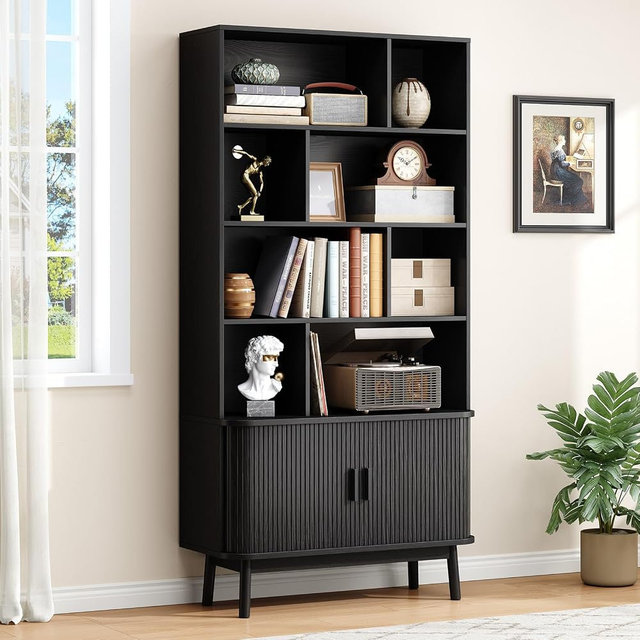 ONBRILL 71" Tall 8-Cube Storage Bookshelf, 35.4" Wide Mid-Century Modern Bookcase with Sliding Door Storage Cabinet, Freestanding Bookshelf with Solid Wood Feet, for Home Office, Living Room, Black