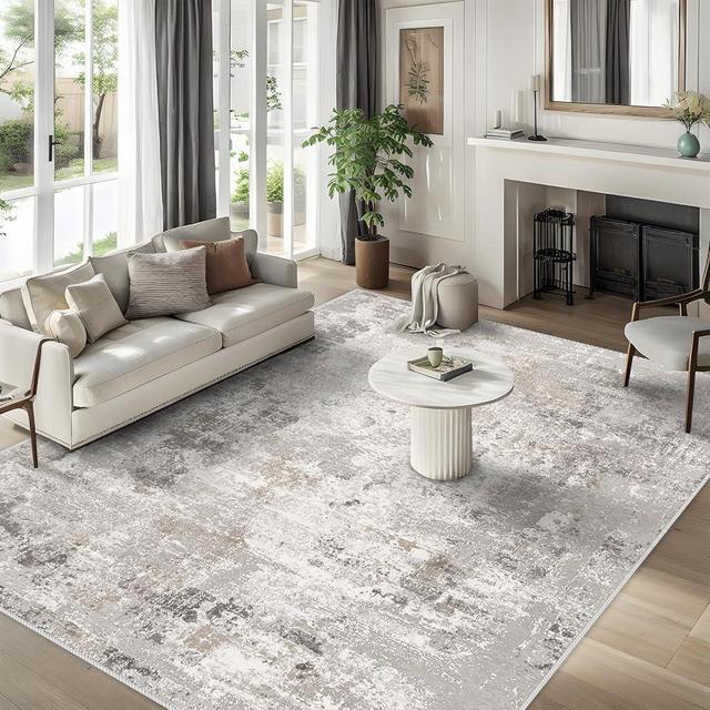 Washable 8x10 Area Rugs - Large Neutral Rugs for Living Room Modern Abstract Faux Wool Carpet for Bedroom Non Slip Stain Resistant Dining Room Rug Beige/Grey/Brown