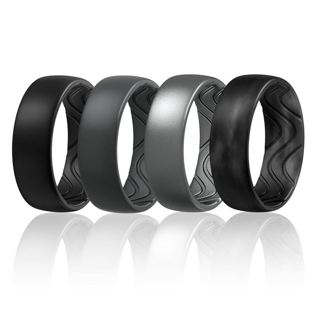 Egnaro Men's Silicone Rings 8mm Wide 2.5mm Thick, Black Elastic Rubber Weeding Bands Breathable Grooves For Gym Workout