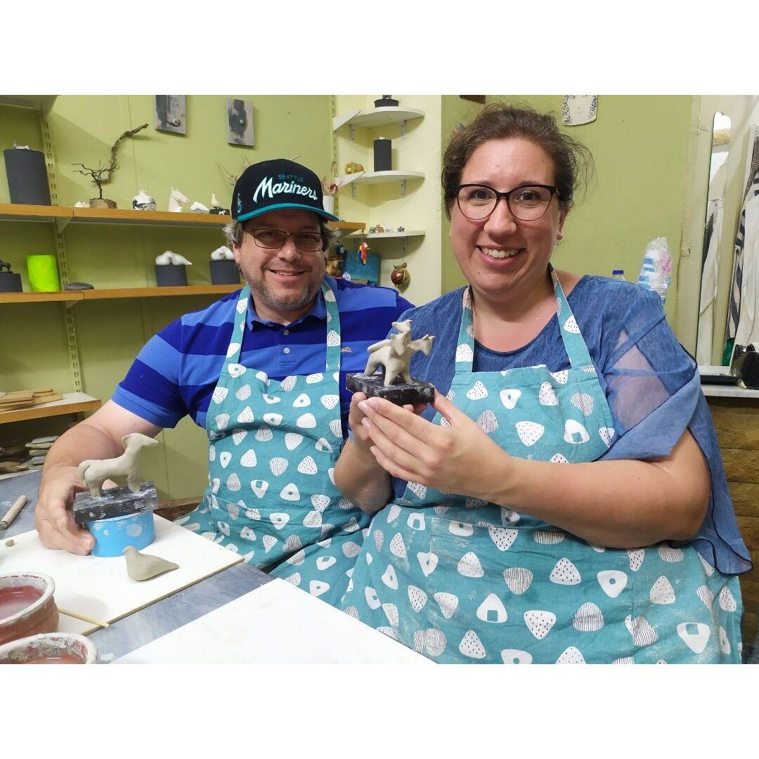 We made clay sculptures in Greece. Ron's lovely Icelandic horse and my Cerberus, inspired by three monstrous pets at home!