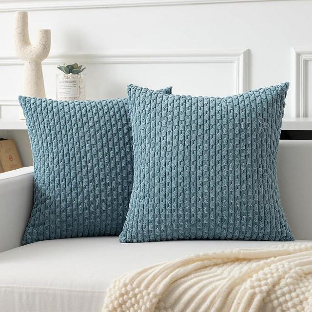 Kevin Textile Throw Pillow Covers Soft Corduroy Decorative Set of 2 Boho Striped Pillow Covers Pillowcases Farmhouse Home Decor for Couch Bed Sofa Living Room 22x22 Inch Blue Grey