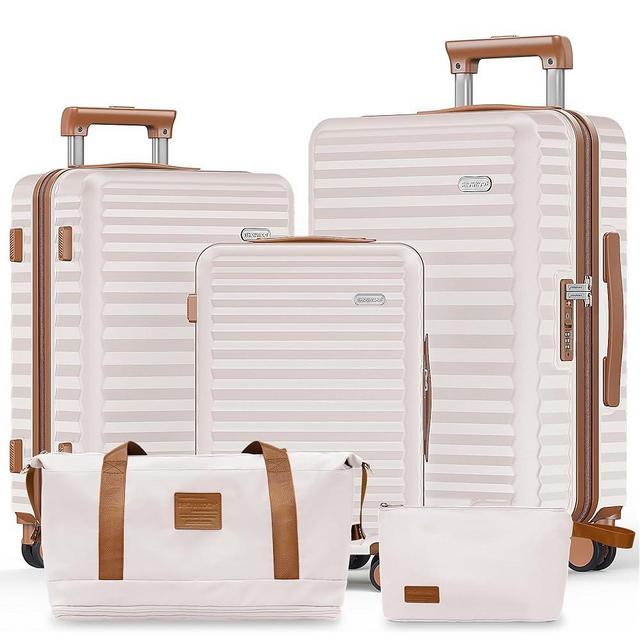 SHOWKOO Luggage Sets 3 Piece Hardside Expandable Suitcase with Double Spinner Wheels Tsa Lock, (Beige White, 5 piece set)