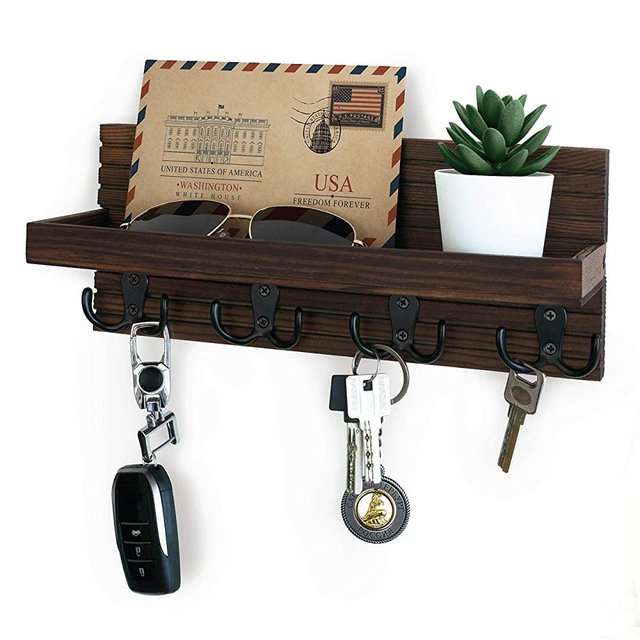 NAUMOO Natural Wooden Key Holder - Modern Farmhouse Wall Mounted Organizer - Mail and Key Holder for Wall Decorative - Rustic Entryway Decor Rack with Shelf - 4 Double Hooks