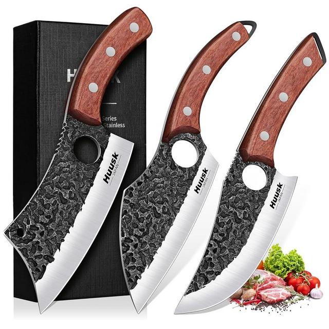 Huusk Butcher Knife Set of 3- Japanese Knife Set for Meat Cutting, Hand Forged Viking Knives Sets with Meat Cleaver, Heavy-Duty Kitchen Knives Sets for Bone BBQ Vegetable, Knives Gift for Men
