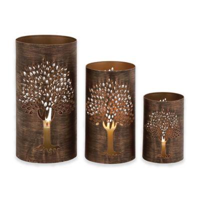 Ridge Road Décor Pierced Tree 3-Piece Iron Hurricane Candle Holder Set in Bronze