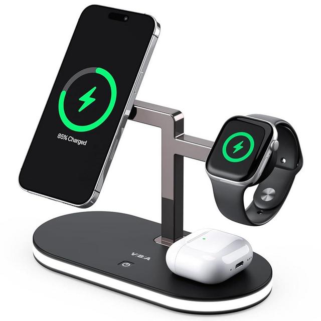 VBA 4 in 1 Wireless Charging Station for Apple MagSafe Charger,Fast Charging Magnetic Wireless Charger Stand with Night Light for iPhone 17 Air 16 15 14 13 12 Series,Apple Watch,AirPods Pro (Black)