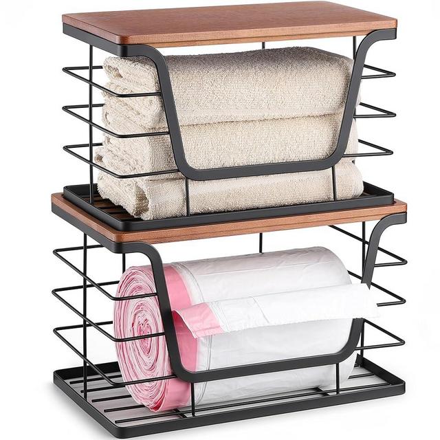 ALOCEO 2 Pack Stackable Storage Bins with Lids, Stainless Steel Extra Large Trash Bag Dispenser Roll Holder for Kitchen Sink, Laundry, Pantry Organizer and Storage, Walnut Black