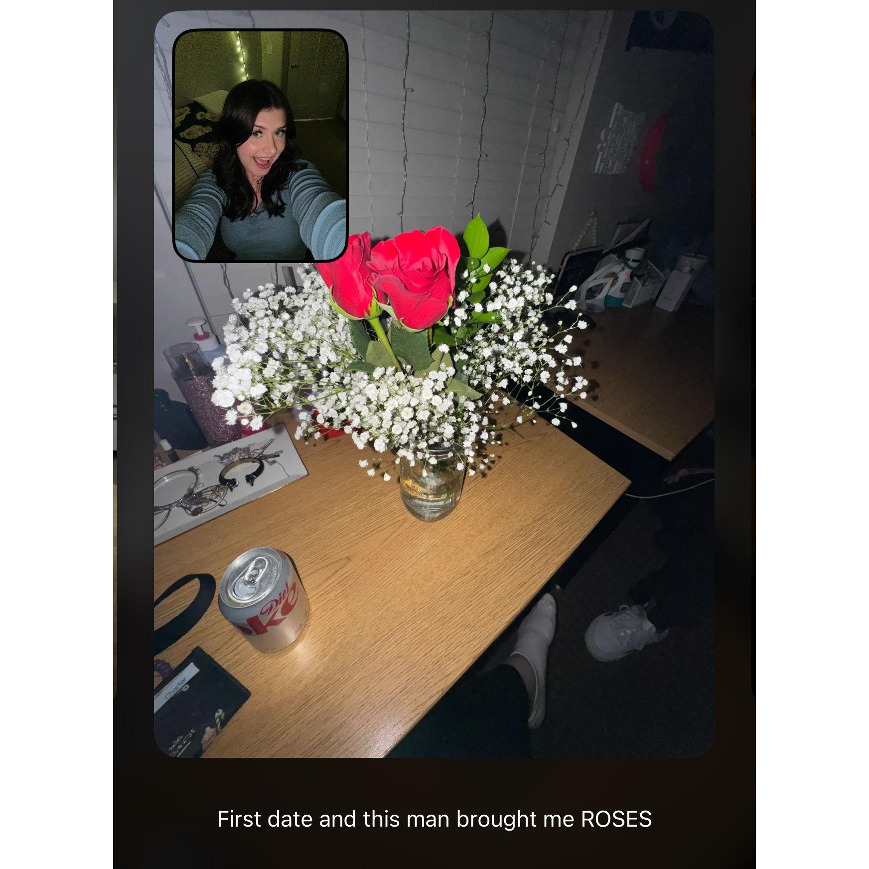 This was a "BeReal" photo I took after my first date with Dallin. He came to the door with roses and took me out to dinner at Red Rabbit Grill in Rexburg, Idaho on February 19th, 2024.