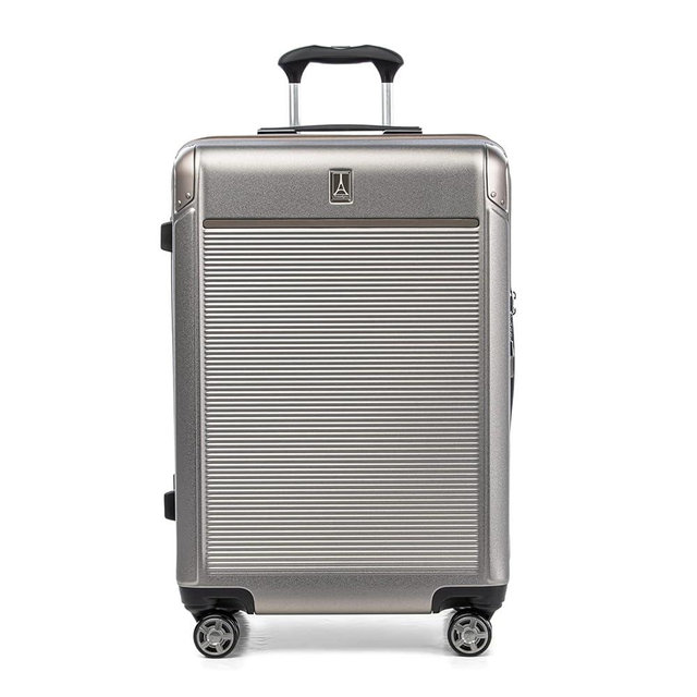 Travelpro Platinum Elite Hardside Expandable Checked Luggage, 8 Wheel Spinner, TSA Lock, Hard Shell Polycarbonate Suitcase, Metallic Sand, Checked Medium 25-Inch