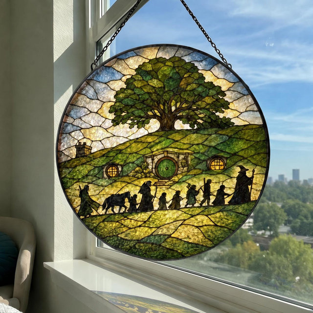 Fellowship Journey Stained Glass Sun Catcher • Fantasy Hobbit Door Window Hanging • Middle Earth Inspired Suncatcher • Wizard Decor Gift