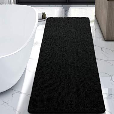 LOCHAS Luxury Chenille Bathroom Rug, Plush Black Bath Mat Runner 24 x 60 Inch, Non Slip Bath Rugs for Bathroom Shower, Extra Soft Absorbent Carpets Washable Floor Mats