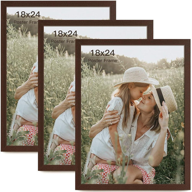 Momentworth 18x24 Frame Set of 3, Dark Brown Wood Grain 18x24 Poster Frame, Gallery Wall Frames 18x24 Picture Frame for Wall Mounting (3 Pack,Walnut)