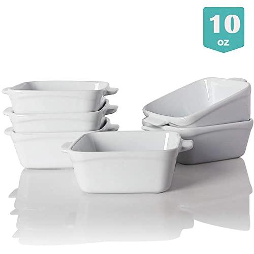 SWEEJAR Ceramic Souffle Dishes,Square Double Handle Ramekins for Baking, 10 OZ for Creme Brulee, Custard,Dipping - Set of 6