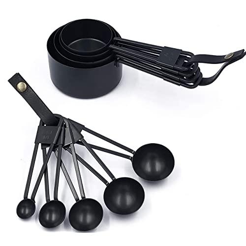 Measuring cups and spoons set, stainless steel with durable powder coating in Black, plus attached with black leather buckle
