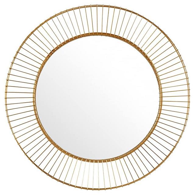 Rivet Modern Round Iron Circle Metal Hanging Wall Mirror, 27.75" Diameter, Gold Finish