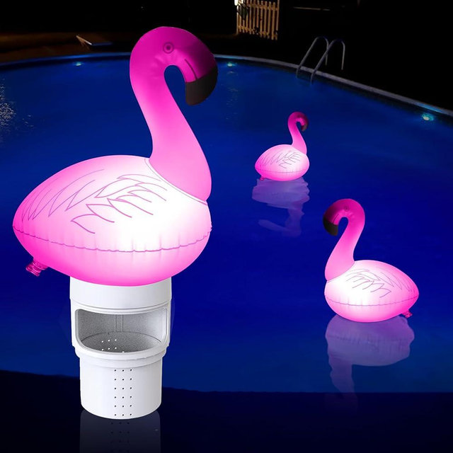 Uekars Pool Chlorine Floater with Solar Light, Inflatable Flamingo Floating Chlorine Dispenser for 3 inch Chlorine Tabs, Never Sink Bromine Chlorine Tablet Holder Floater for Pool, Hot Tub,Spa