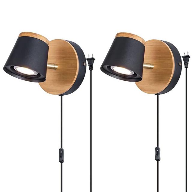 Modern Plug in Wall Lamp Set of 2, Mini Bamboo Base,Adjustable Wooden Black Lampshade,Wall Mounted Sconce Light for Bedroom,Bedside, Living Room, Cafe