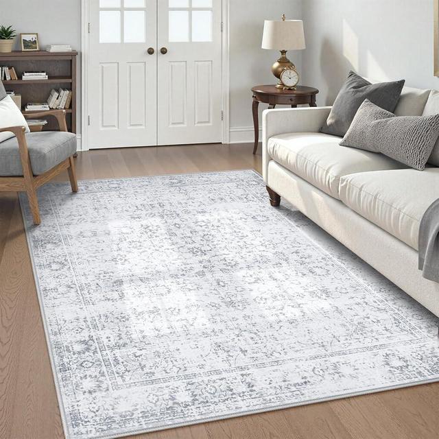 LIVEBOX Washable Area Rug 5x7 Large Boho Living Room Rug Vintage Grey Rug for Bedroom, Lightweight Retro Carpet Floral Accent Rug for Nursery Room High Traffic Area