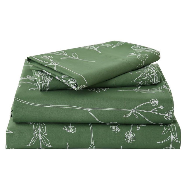 Yibeizi Green Floral Sheet Set King, Botanical Rustic Pattern Bed Sheets Boho Bedding Sheets & Pillowcases Soft Microfiber 15" Extra Deep Pocket Fitted Bedsheet 4 Piece