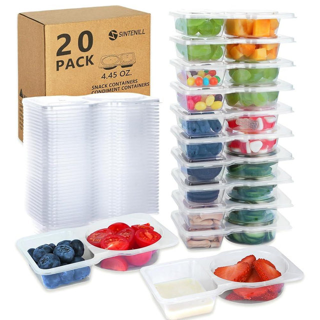 SINTENILL 20 Sets Reusable Snack Containers With Lids, Double Compartment Snack Pack Containers, Portion Control, Meal Prep, Ideal For On-The-Go Mini Sauce Boxes & Lunchable Snack Packs For Kids