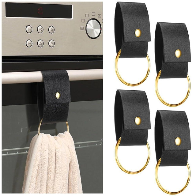 Hoolerry 4 PCS Leather & Metal Towel Ring Holder for Kitchen Dish Towels Holder with Loop Oven Door Hanger Gifts for Farmhouse Home Decor(Black)