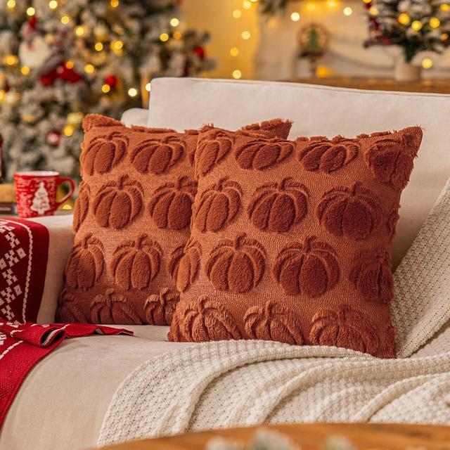 SINYASAN Rust Red Fall Pumpkin Decorative Throw Pillow Covers Set of 2, 20x20 Inch Soft Plush 3D Embroidered Halloween Pillow Covers for Fall Decorations Farmhouse Cushion Covers for Thanksgiving