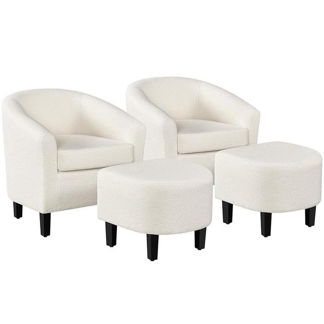 Yaheetech Accent Chair and Ottoman Set, Mid Century Fuzzy Barrel Chair Comfy Fabric Armchair and Footrest for Living Room/Bedroom/Reading Room, Ivory, 2 PCS