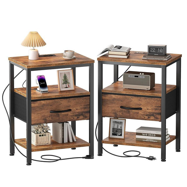 DUMOS 3-Tier Storage, Bed Side Tables with Wireless Charging Station, End Tables with Adjustable Fabric Drawers, Nightstand Set of 2, Modern Design, Brown