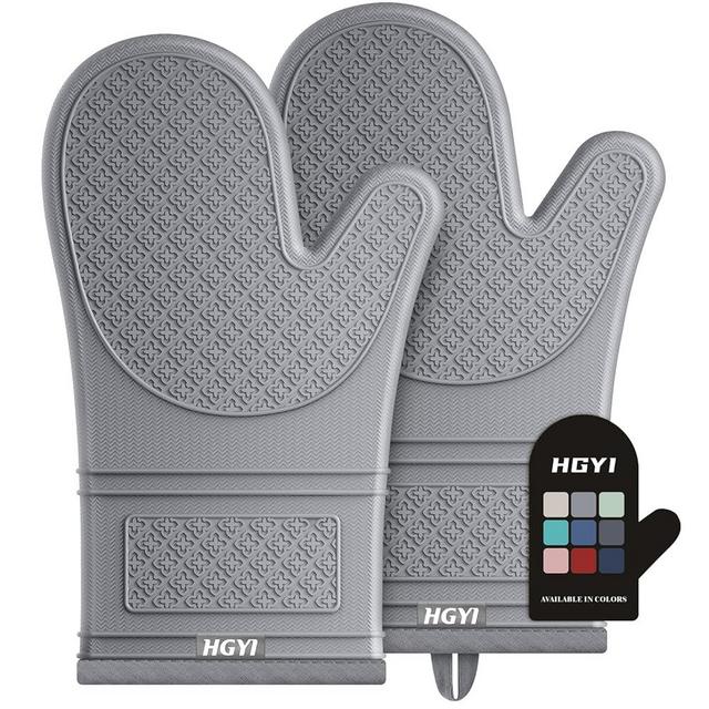 Silicone Oven Mitts, Heat Resistant Oven Gloves with Quilted Liner, Waterproof & Non-Slip Kitchen Mittens for Baking Cooking BBQ, 500°F, 12.5"-Light Gray