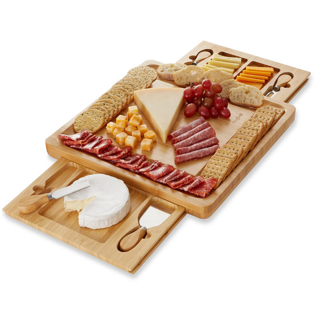 Casafield Bamboo Cheese Cutting Board, Charcuterie Board with Stainless Steel Knives and Slide-Out Snack Trays