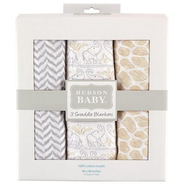 Hudson Baby Unisex Baby Cotton Muslin Swaddle Blankets, Elephant 3-Pack, One Size