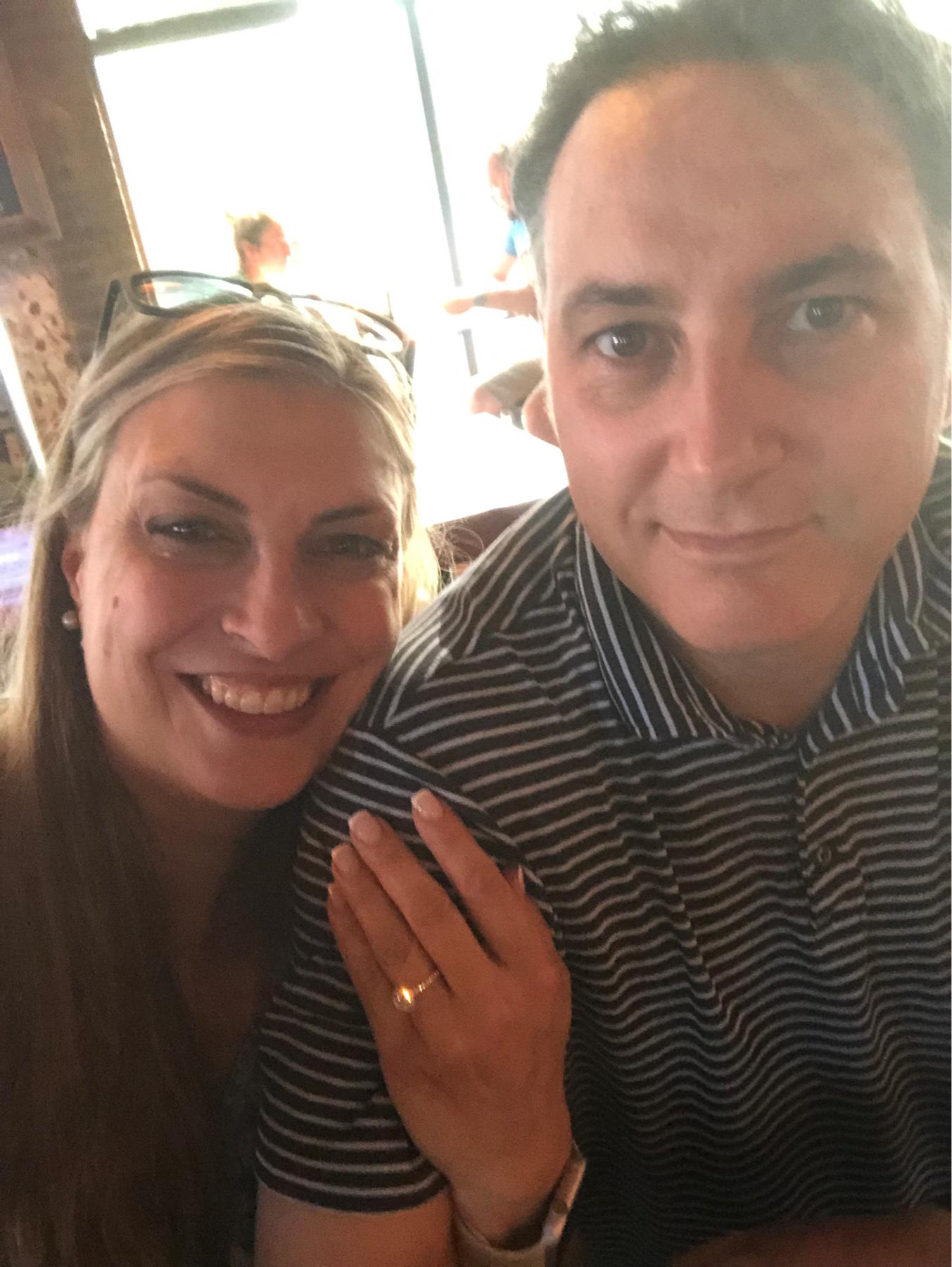 We are engaged! At dinner here sharing news with friends…