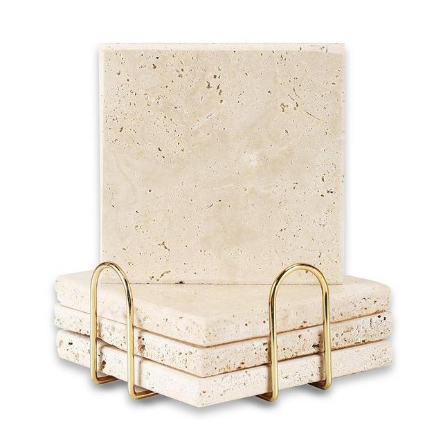 4pcs 4" Travertine Marble Coasters for Drinks Natural Coasters Set,Square of Stone Drink with Gold Cup Holder,Non Slip Cork Backing,Protect Tables from Stains Scratches Housewarming Gift, Wedding