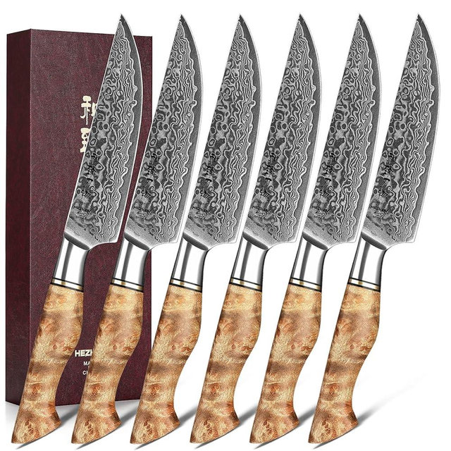 HEZHEN 6PCS Kitchen Knife Set Professional Forged Damascus High Carbon Steel Steak Knife Figured Sycamore Wood Handle-Porcelain Gift Package