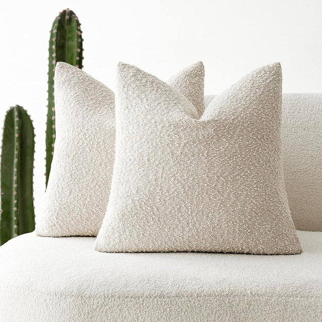 Foindtower Set of 2, Decorative Textured Boucle Throw Pillow Covers Accent Solid Pillow Cases Neutral Cozy Couch Cushion Case for Chair Sofa Bedroom Living Room Home Decor 24 x 24 Inch Ivory Beige