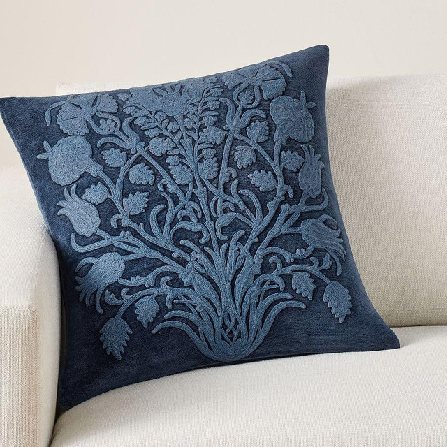 Riya Embroidered Pillow Cover, Dark Chambray, 22"
