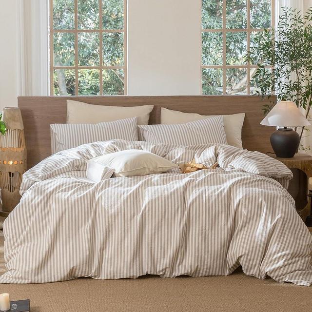 MooMee Striped Duvet Cover Set 100% Washed Cotton Linen Like Textured Breathable Durable Soft Comfy (Tannish Linen Grey White Classic Stripes, King)
