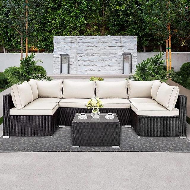 LAUSAINT HOME Patio Furniture Set, PE Rattan Outdoor Patio Furniture All Weather Outdoor Sectional Conversation Sets with Cushions and Tempered Glass Table for Garden (Beige)