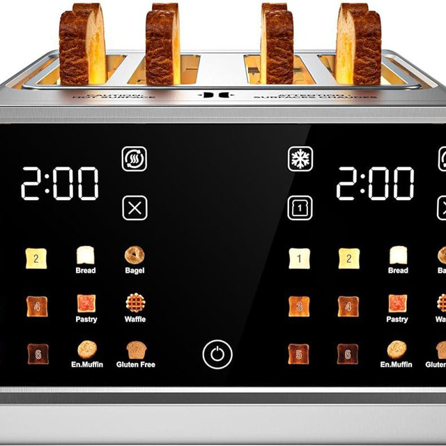 Smart Toaster 4 Slice - Dual Digital TouchScreen & Independent Control for Family | Stainless Steel Extra-Wide Slots for Bagels | 6 Toast Types & Shade Settings | Defrost Reheat & Single-Slice Modes