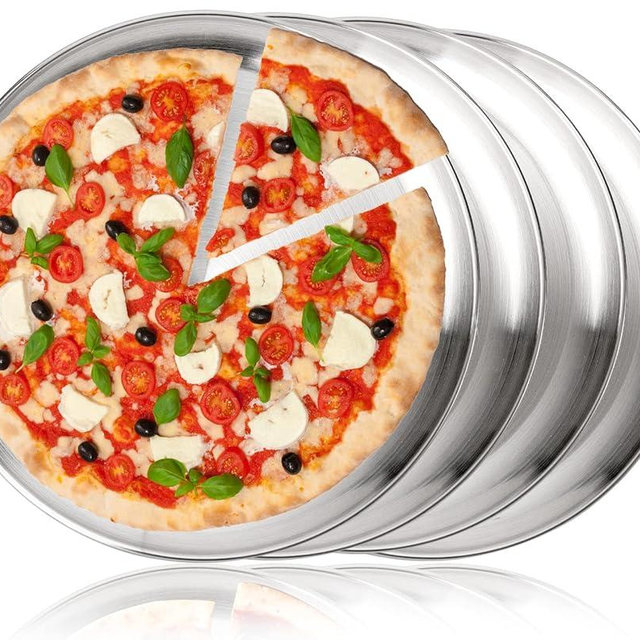 TOPZEA 4 Pack Stainless Steel Pizza Pan, 13-1/2 Inch Pizza Tray Oven Pizza Crisper Pan, Round Pizza Sheet Baking Pan Food Serving Plate for Pie, Cookie, Dishwasher Safe