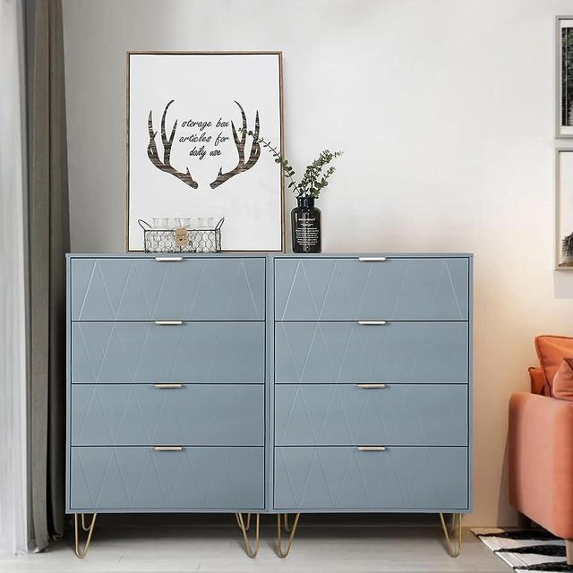 UEV 4 Drawer Dresser,Chest of Drawers,Wooden Dresser with 4 Metal Legs,Tall Storage Dresser Cabinet Organizer with Anti-Tipping Device,Dresser Set for Bedroom,Living Room,Closet(Blue,Set of 2)