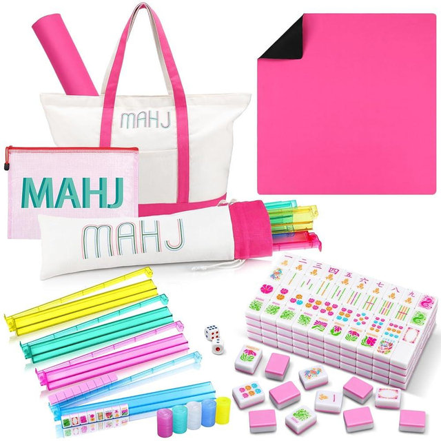 Ceenna American Mahjong Set with Carrying Bag Pink 160 Tiles 4 All-in-one Color Rack Pushers Game Table Mat Plastic Mahjong Coins Complete Ma Jong Game Set