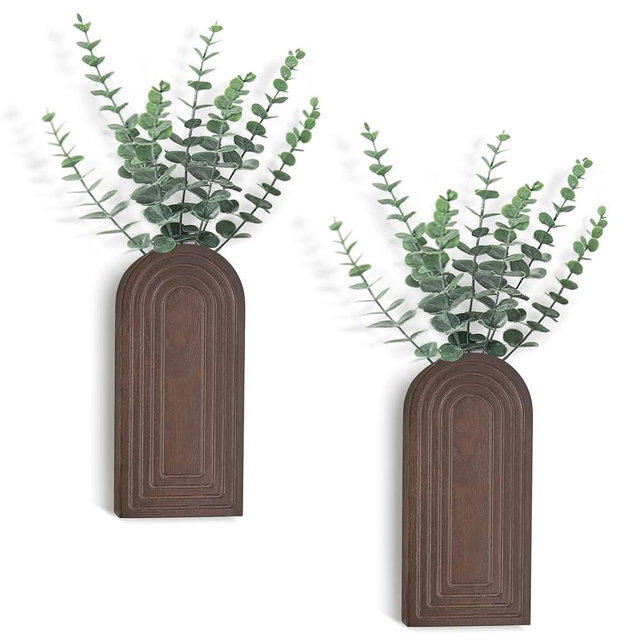 Dahey Wood Wall Vase Planter with Artificial Eucalyptus, 2 Pack Hanging Planter for Indoor Fake Plants Modern Boho Farmhouse Wall Art Decor for Bathroom Bedroom Kitchen Office Home Decoration, Brown