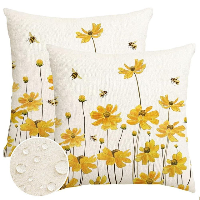ARGOOFG Summer Outdoor Pillow Covers18X18 Set of 2 Waterproof Daisy Throw Spring Decorative Farmhouse Cousion Case for Patio Furniture Garden Home Sofa Couch Yellow (Yellow, 18" x 18" (Pack of 2))