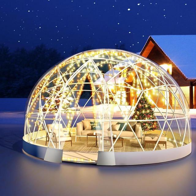 12FT Garden Dome lgloo, Geodesic Dome Greenhouse with PVC Clear Cover, Waterproof Garden Bubble Dome Tent House with 2 x 10M Light Strings for Outdoor, Patio, Backyard, Party (White,12FT/3.6M)
